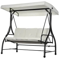 Dondolo Letto da Giardino 3 Posti con Tettuccio Regolabile, in Acciaio e Poliestere, 195x117x175 cm, Crema e Nero