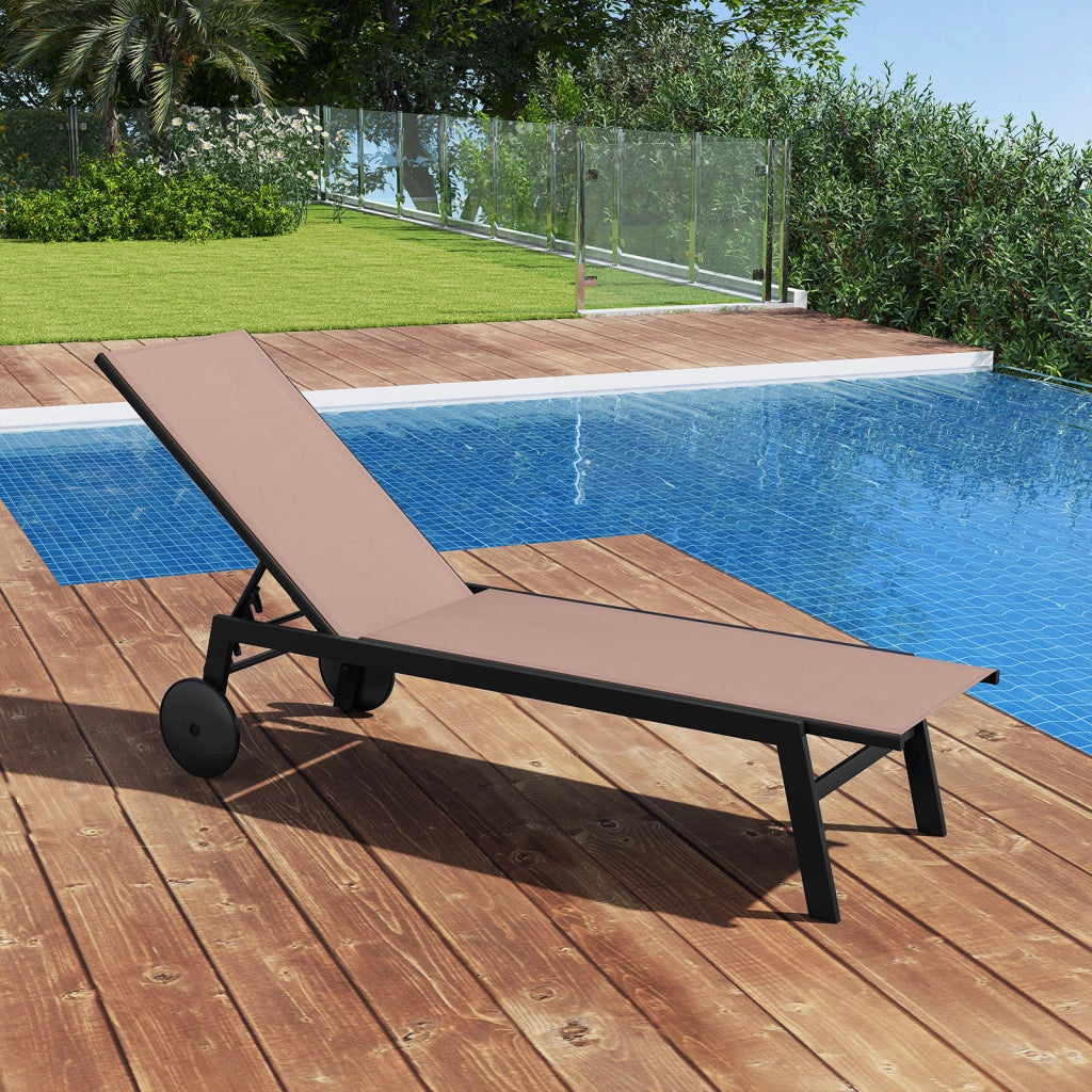 Sdraio patio ruote poltrona reclinabile 6 posizioni schienale regolabile-Sdraio tessuto traspirante prendisole piscina terrazza giardino Marrone
