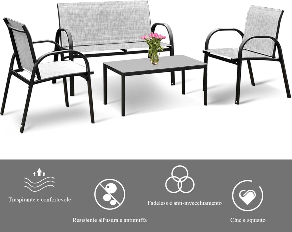 Set da Giardino con 4 Pezzi, Set da Giardino per Chiacchierare, Sedie da Giardino con Tavolino in Vetro, con Struttura Resistente in Ferro, Tessuto a Rete Traspirante (Grigio)