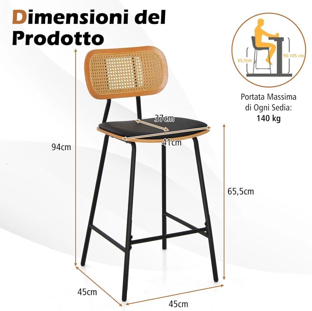 Set di 2 Sgabelli da Bar in Rattan, Sgabelli da Bar con Gambe in Metallo e Schienale in Rattan, Set di 2 Sedie da Bar con Cuscinetti Regolabili, per Cucina, Soggiorno, Bar