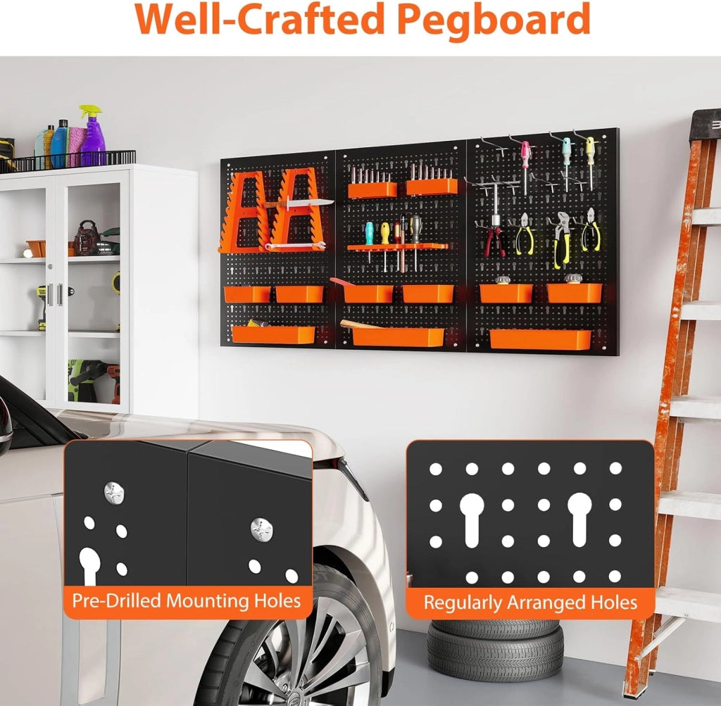 Pannello Porta Attrezzi da Parete 120 X 60 CM, 3 Pannelli Perforati in Metallo con kit di 29 Ganci, Stabile e Resistente, per Garage, Officina (Nero+Arancio, 120 X 60 X 2 CM)