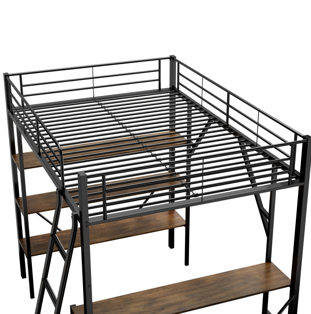 Letto a soppalco 90x200 cm in metallo nero con scrivania e 3 ripiani