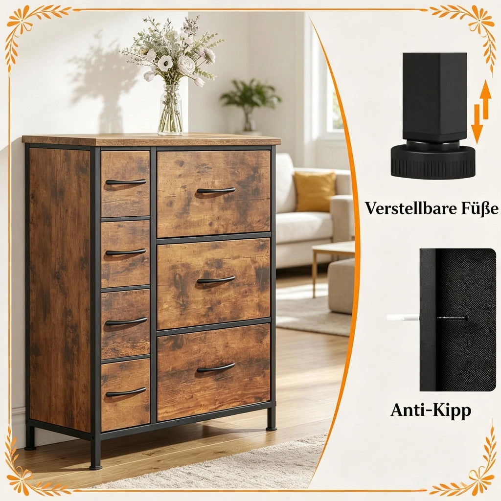 Mobile contenitore vintage con 7 cassetti in tessuto, in metallo e legno, per soggiorno e camera, 63,5 × 30 × 73 cm