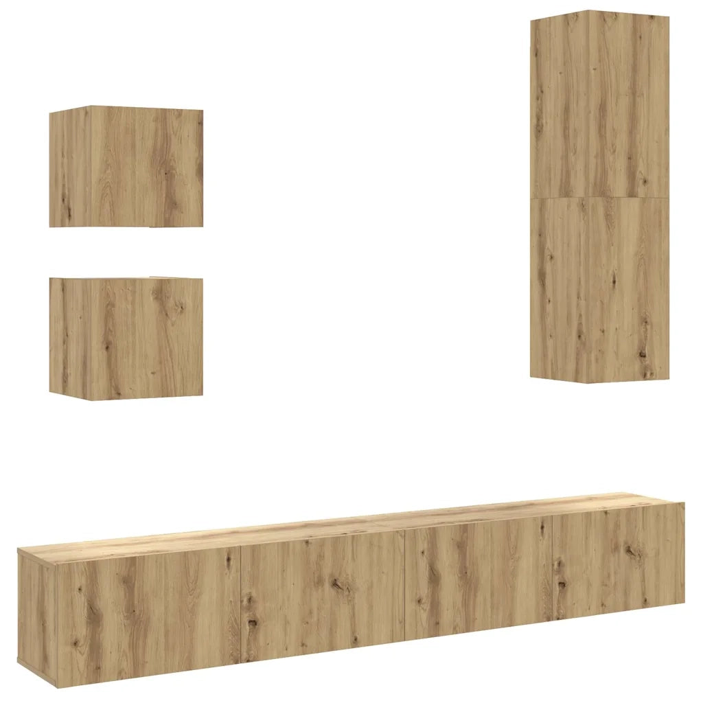 Set Mobile TV 5 pz Montato a Parete Rovere in Legno Multistrato