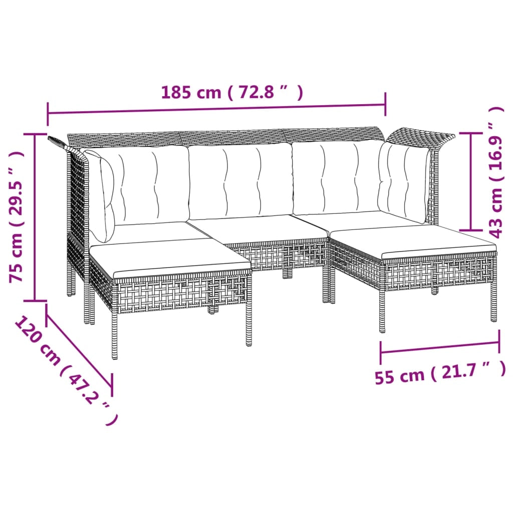 Set di mobili da giardino mobili da esterno 5 pezzi con cuscini resina intrecciata grigia 02_0016414