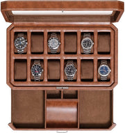 Orologeria da 12 pezzi con cassetta da valletta in pelle di microsue, display organizer, contenitore per accessori maschili, scatola per gioielli, display organizer per gioielli (marrone/marrone)