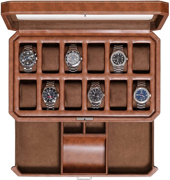 Orologeria da 12 pezzi con cassetta da valletta in pelle di microsue, display organizer, contenitore per accessori maschili, scatola per gioielli, display organizer per gioielli (marrone/marrone)