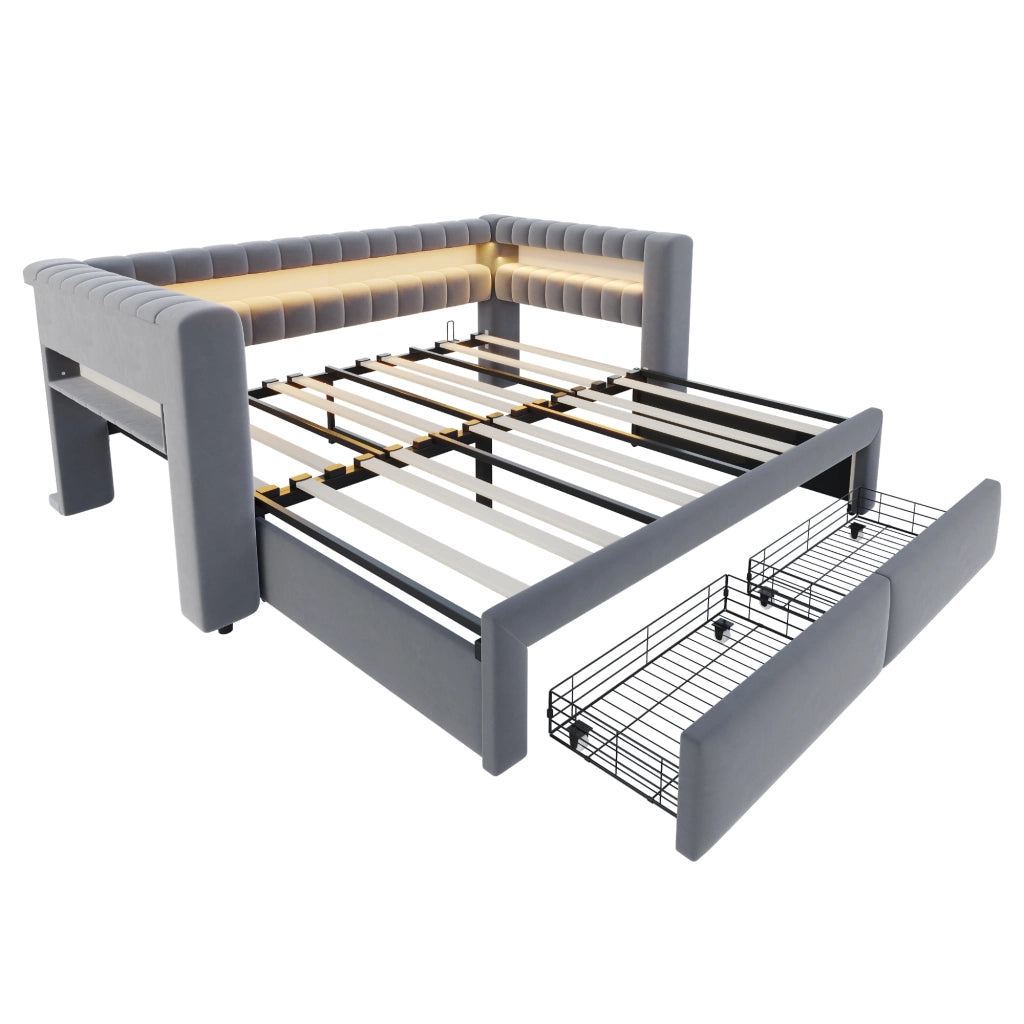 Divano Letto Estraibile 90x190 cm in Velluto Grigio Scuro con Cassetti; LED e Prese USB