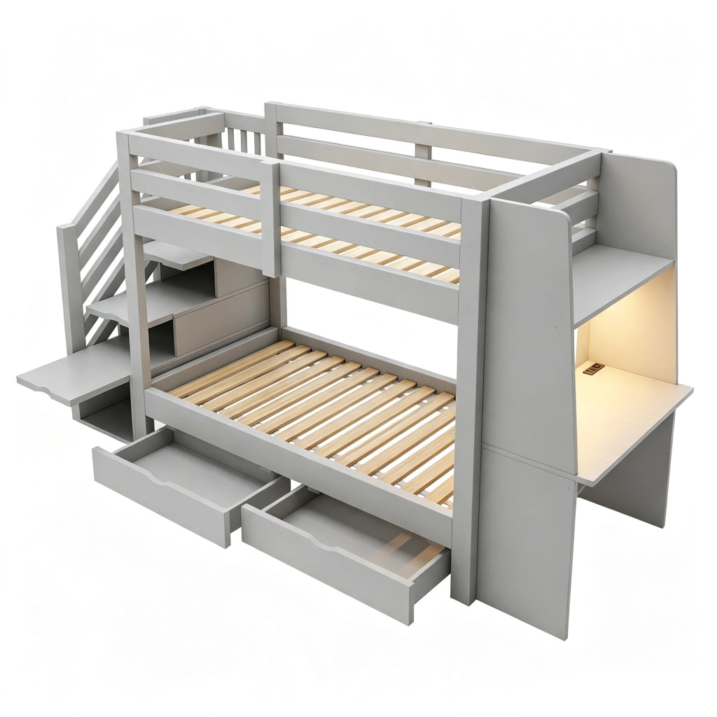 Letto a castello per bambini 90 x 200 cm con scrivania; libreria e LED; legno grigio