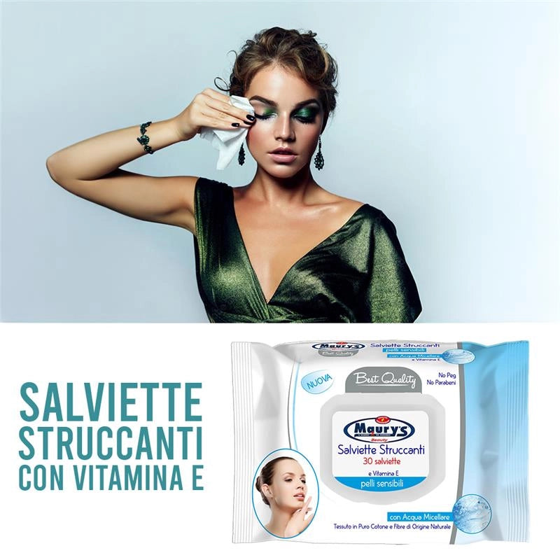 MAURY'S SET 6CF SALVIETTE DETERGENTI UMIDIFICATE STRUCCANTI 3IN1 30PZ PELLI SENSIBILI