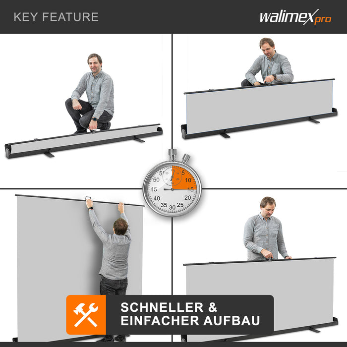 Fondale fotografico roll-up grigio 210x220, sfondo portatile con scatola di trasporto per fotoshooting, sistema autoportante, telo ingualcibile per studio fotografico