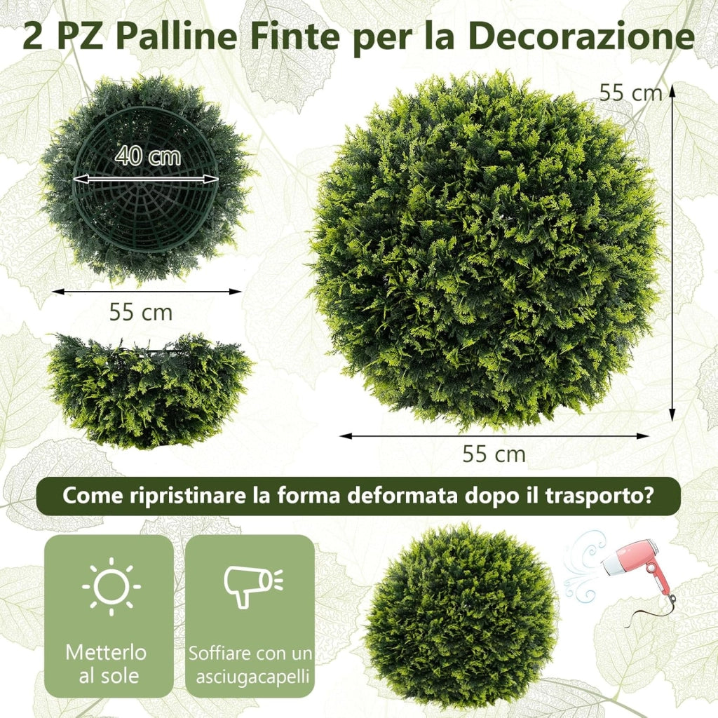 Set di 2 Sfere Topiarie in Cedro 50 cm, Sfere in Buxus con Protezione Solare, Piante Decorative Artificiali per Giardino, Porta d'Ingresso e Balcone