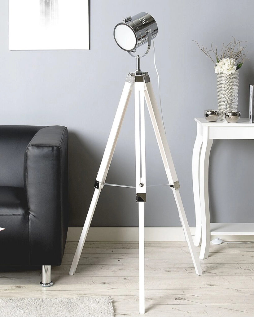 Lampada da Terra Bianco Metallo 143 cm Faretto Paralume Cilindrico Treppiede Design Industriale