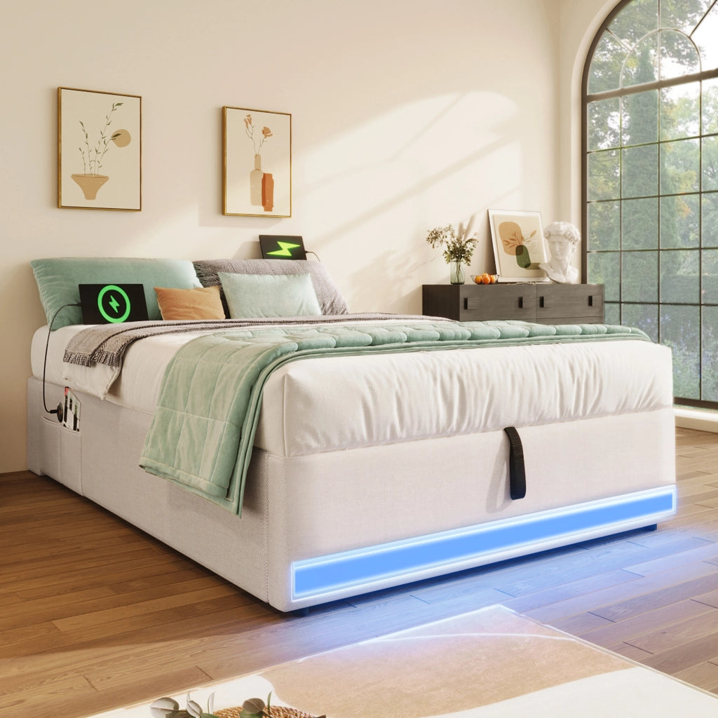 OKWISH Letto Singolo 90×200 cm con LED, USB, Type C e Contenitore, senza Materasso, in Lino, Beige