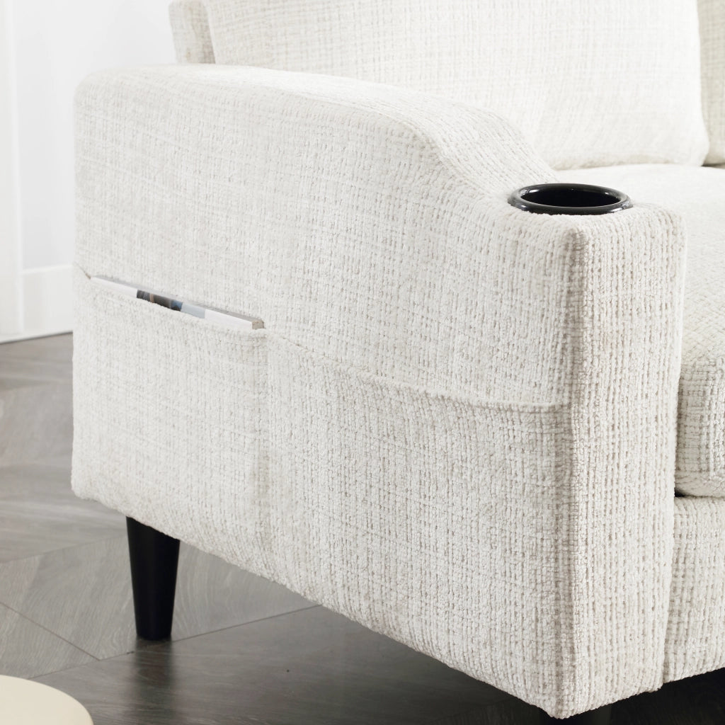 Divano modulare 4 Posti con Vano Contenitore, Portabicchieri e Tasche laterali, in Ciniglia Beige 196.5 × 75 × 77 cm
