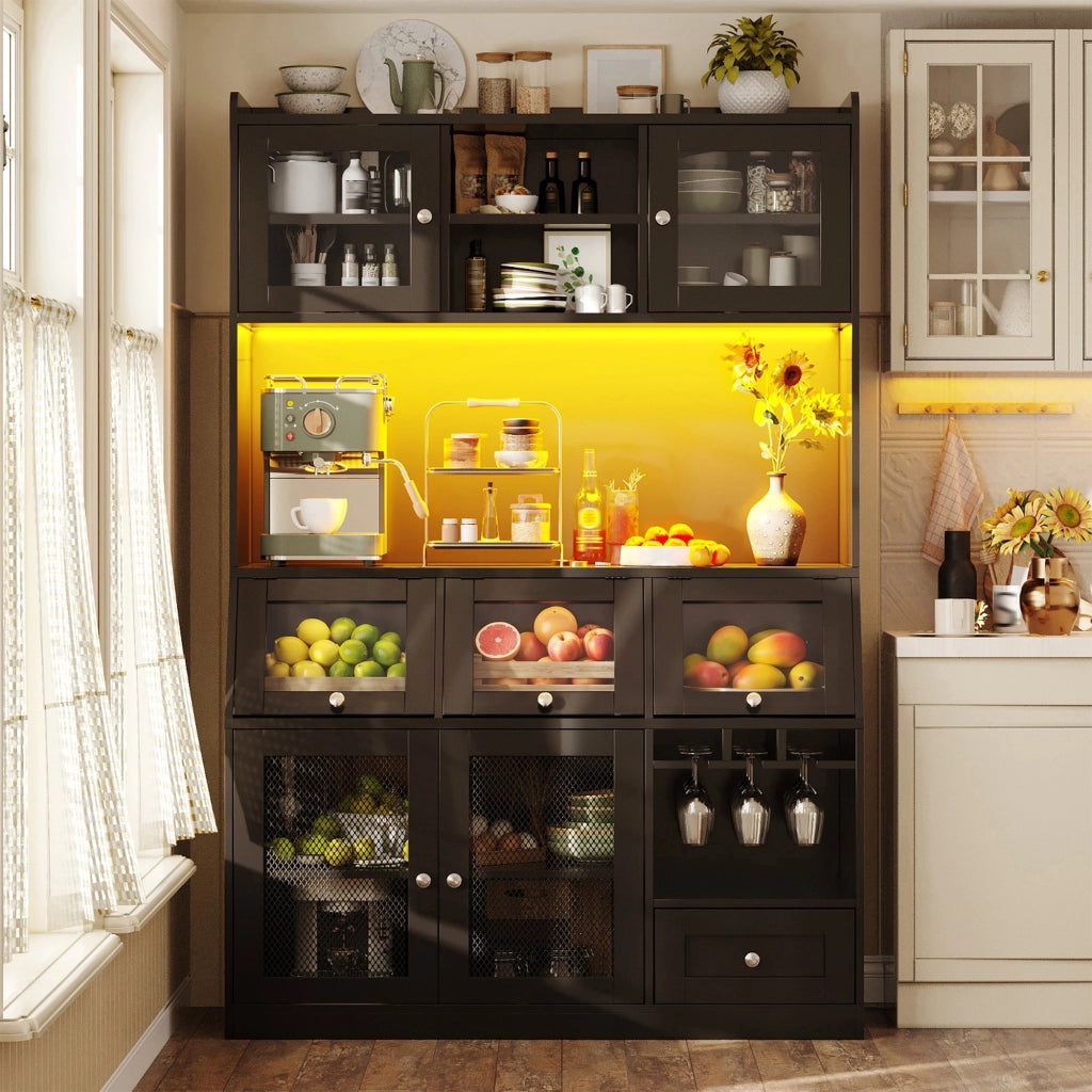 Credenza alta da cucina con LED, porta in vetro e ripiani regolabili, USB, in MDF nero, 120 × 40 × 181.7 cm