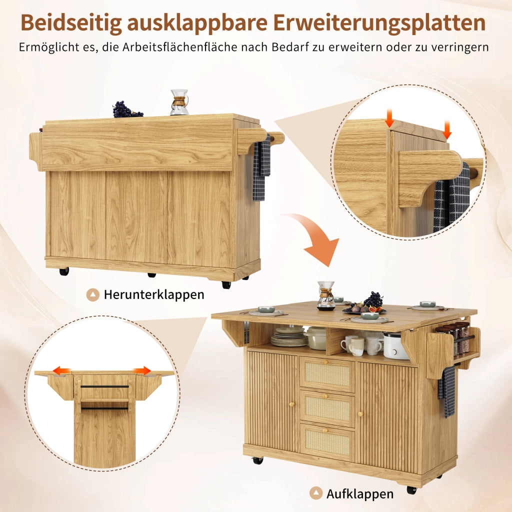 CARRELLO da Cucina Pieghevole 142,5x80x95 cm MDF Naturale con Cassetti in PE Rattan