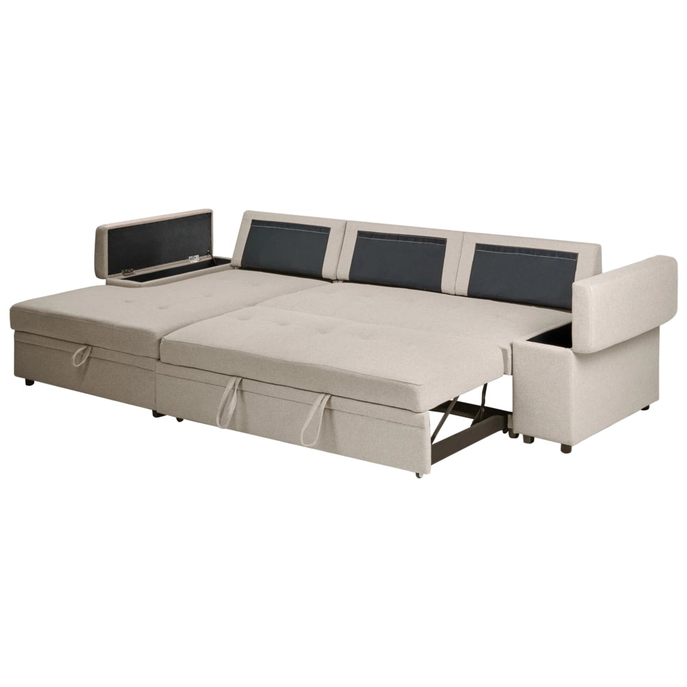 Divano letto angolare in finto lino per mancini con contenitore Cuscini in poliestere Schienale beige lato destro