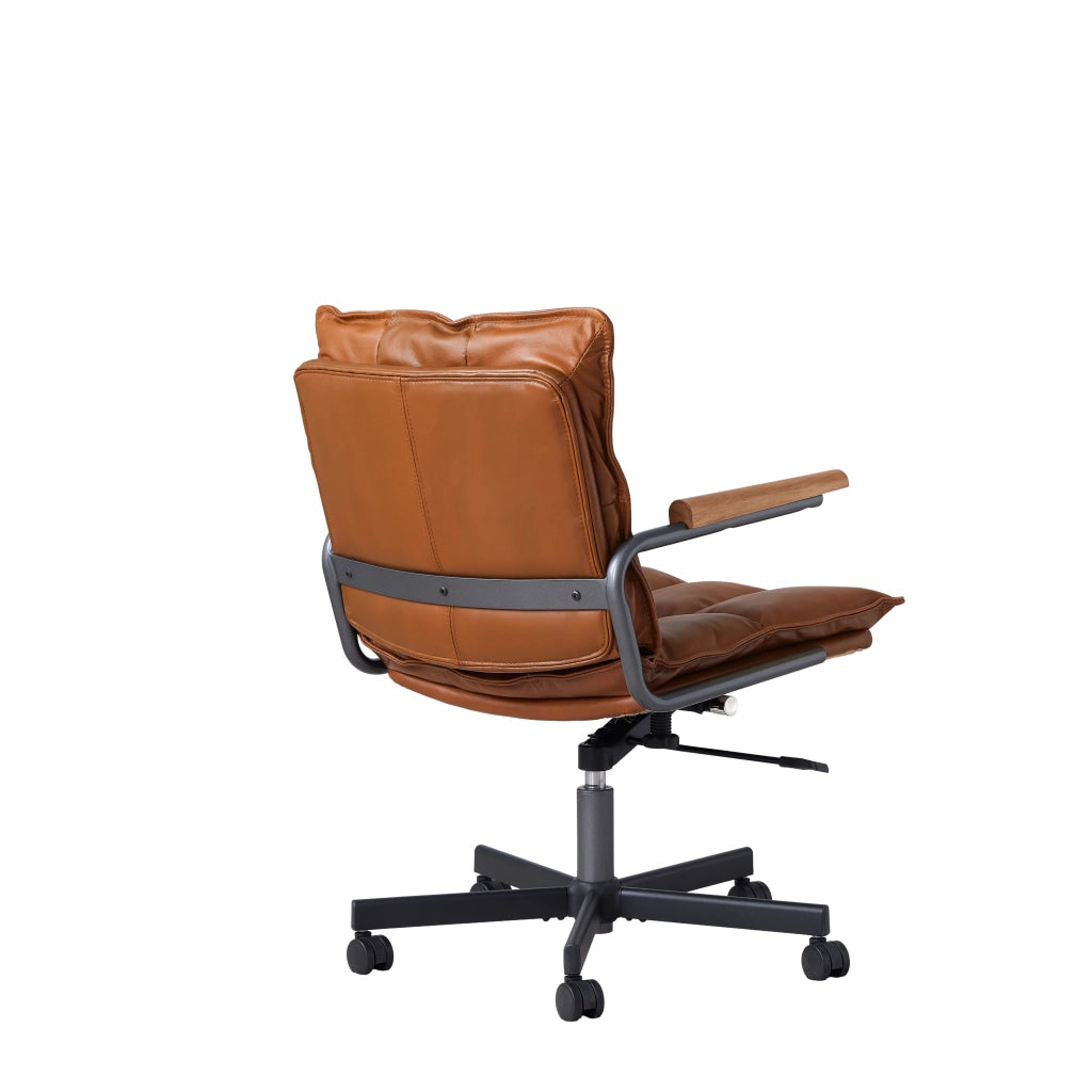 Sedia da ufficio in pelle marrone, ergonomica, con altezza regolabile e rotazione 360°