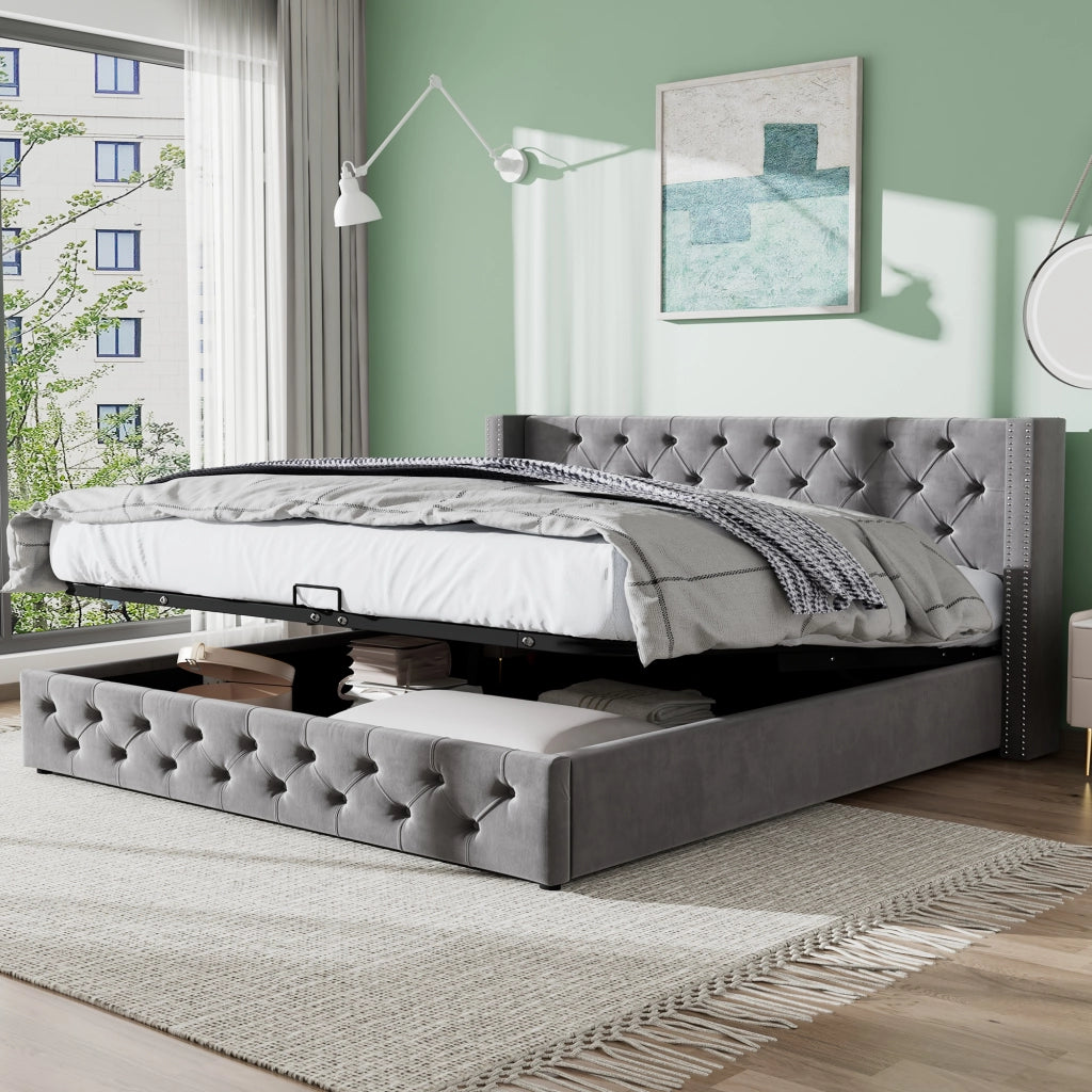 OKWISH Letto contenitore 160×200 cm, Letto Matrimoniale con Sollevamento Idraulico, Testiera Imbottita e Borchie, senza Materasso, Velluto, Grigio