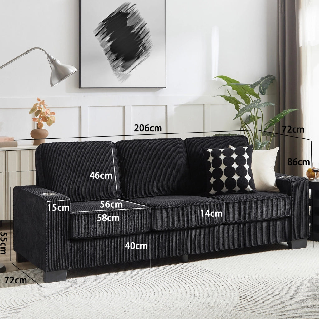 Divano 3 posti in corduroy nero con portabicchieri; 206 cm