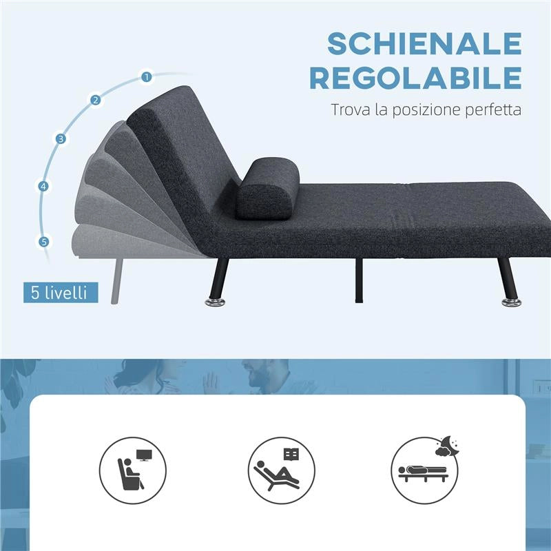 POLTRONA LETTO 3 IN 1 CON SCHIENALE REGOLABILE E CUSCINO IN TESSUTO EFFETTO LINO E ACCIAIO GRIGIO SCURO
