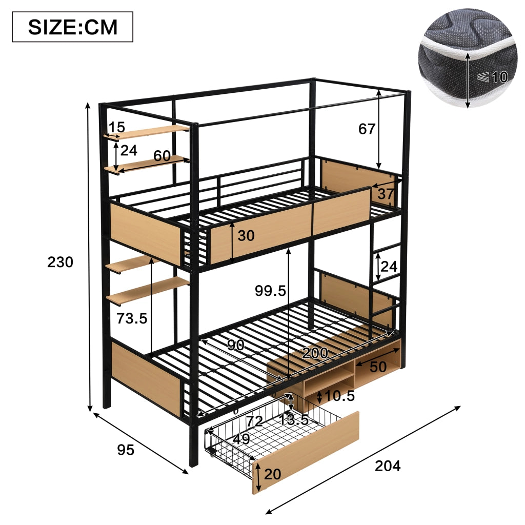 OKWISH Letto a castello 90×200 cm, Letto Singolo con 2 Ripiani Laterali, 2 Cassetti e Vano Contenitore, senza Materasso, MDF e Metallo, Nero e Naturale