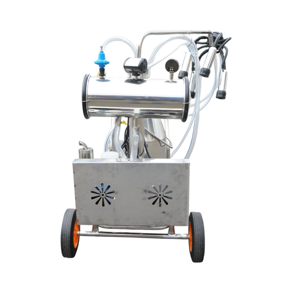 Dispositivo per mungitura di mucche, 1 postazione, 750W, 220V, bidone in acciaio inox da 25L, gruppo di mungitura con 4 manicotti, pressione del vuoto 40-50 kPa, pulsazioni 60-80 cpm.