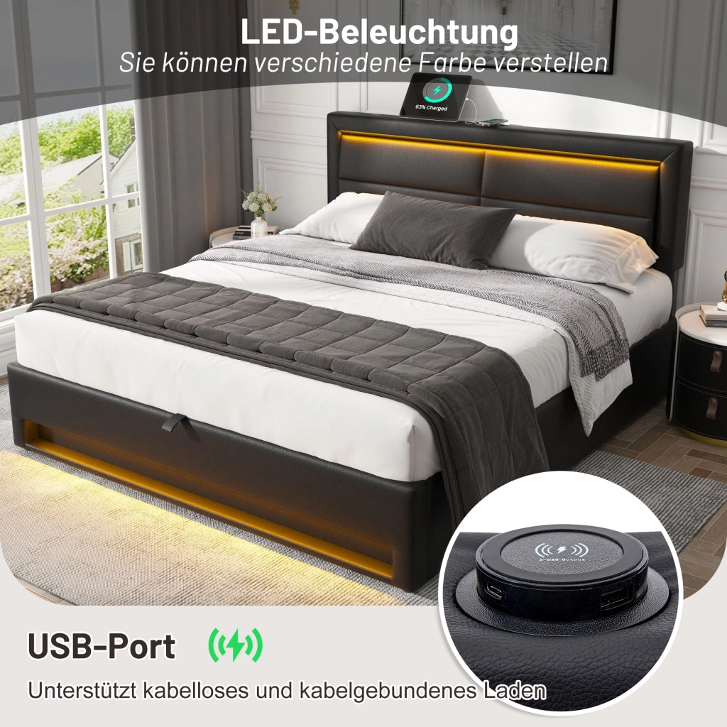 Letto matrimoniale – 140x200 cm – USB LED contenitore – PU litchi nero