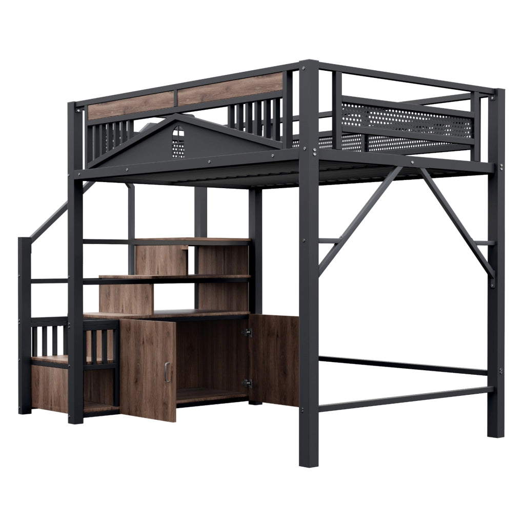 Letto a soppalco in metallo 140x200 cm con vano contenitore, scala laterale e design con finestra