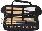 Set di accessori per griglia in acciaio inossidabile con manico in legno - insieme completo per grigliare - pic nic e barbecue - 10 pezzi