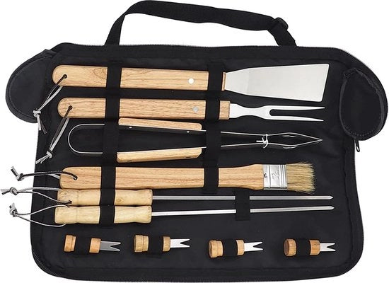 Set di accessori per griglia in acciaio inossidabile con manico in legno - insieme completo per grigliare - pic nic e barbecue - 10 pezzi
