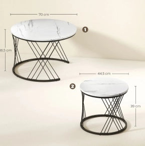 Set di 2 tavolini da caffè rotondi impilabili; effetto marmo; bianchi