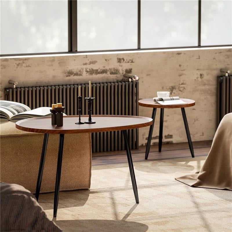 SET 2 TAVOLINI DA SALOTTO SOVRAPPONIBILI IN LEGNO E METALLO, COLORE LEGNO SCURO