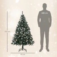 Albero di Natale Artificiale Innevato 150cm con 676 Rami e Pigne, Apertura Automatica e Base Pieghevole, Verde