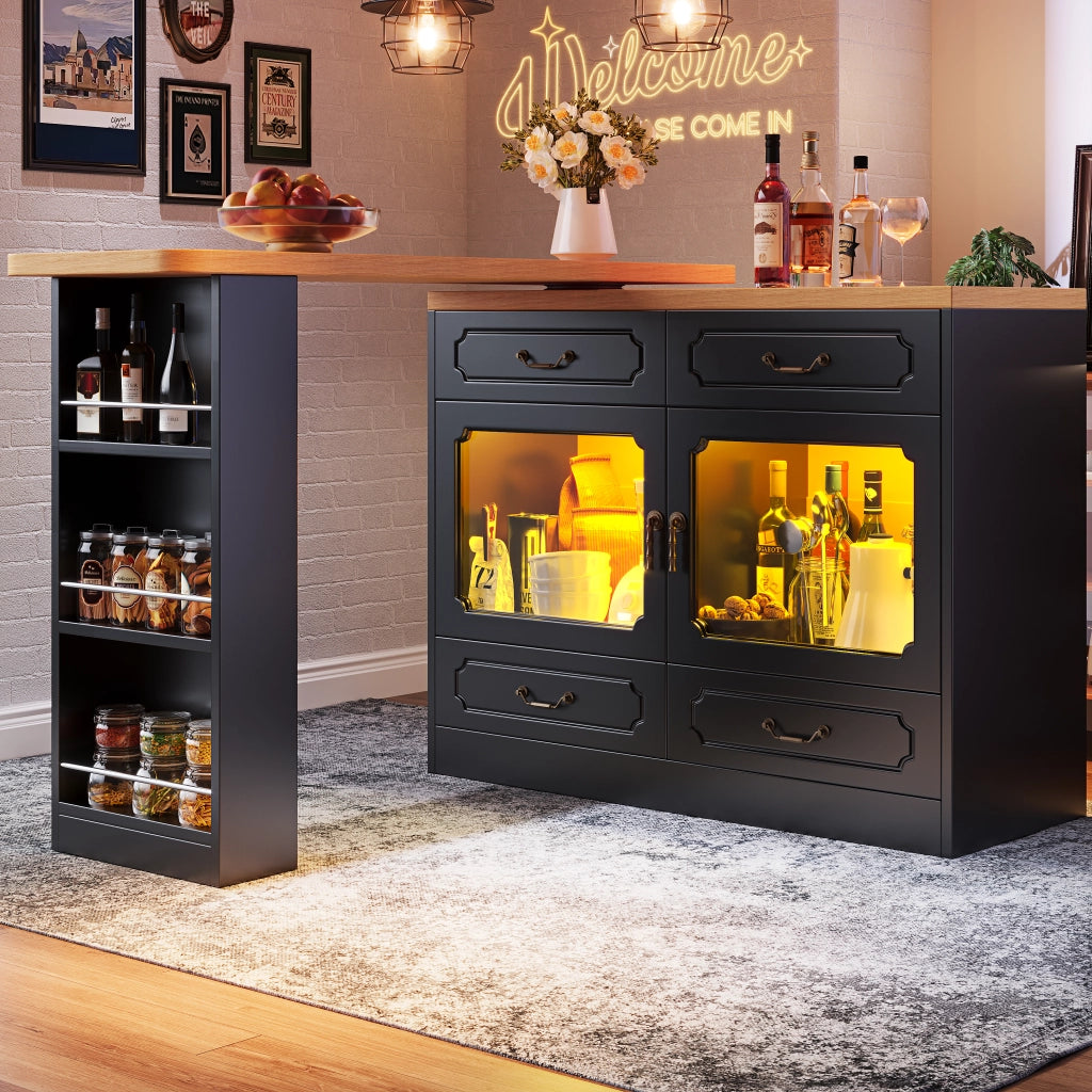 Tavolo Bar Estensibile con 4 Cassetti e Ripiano Laterale; LED e Piano Girevole; in MDF; 135-203x39x92;8 cm