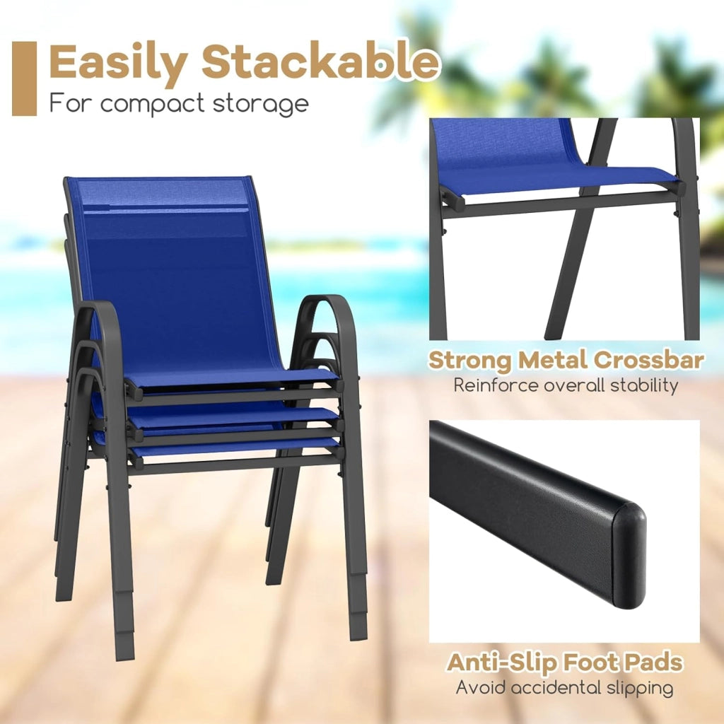 Set di 2/4 Sedie da Giardino, Sedie Impilabili da Esterno in Tessuto con Telaio in Metallo, Poltrona da Balcone con Braccioli e Schienale Alto, per Sala da Pranzo, Carico 150 kg (Blu*2)