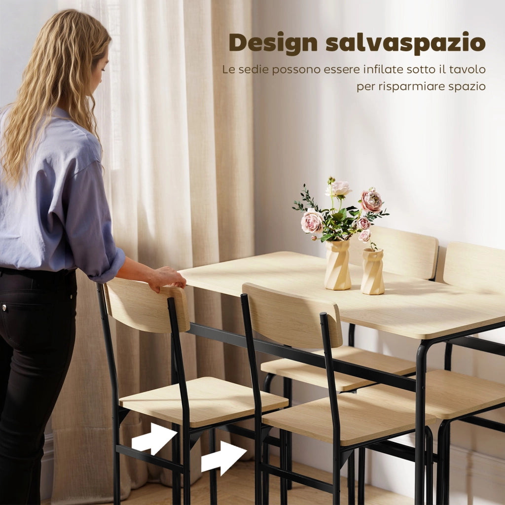 Set da Pranzo 5 Pezzi con Tavolo Rettangolare e 4 Sedie da Pranzo in MDF e Gambe in Metallo Nero e color Legno