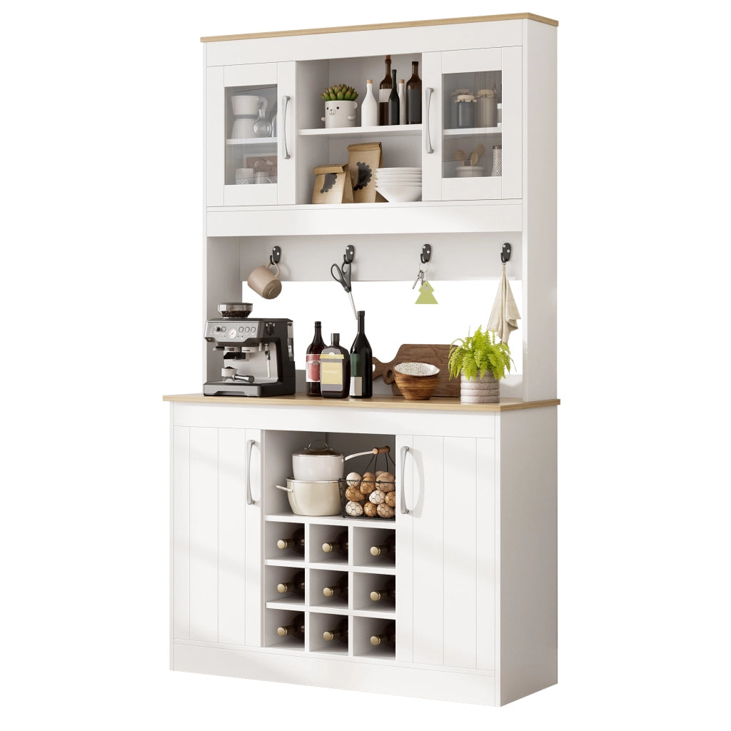 Credenza con vetrina e portabottiglie, 2 ante in vetro e ganci, per cucina e sala da pranzo, bianco, 106 × 39 × 175 cm