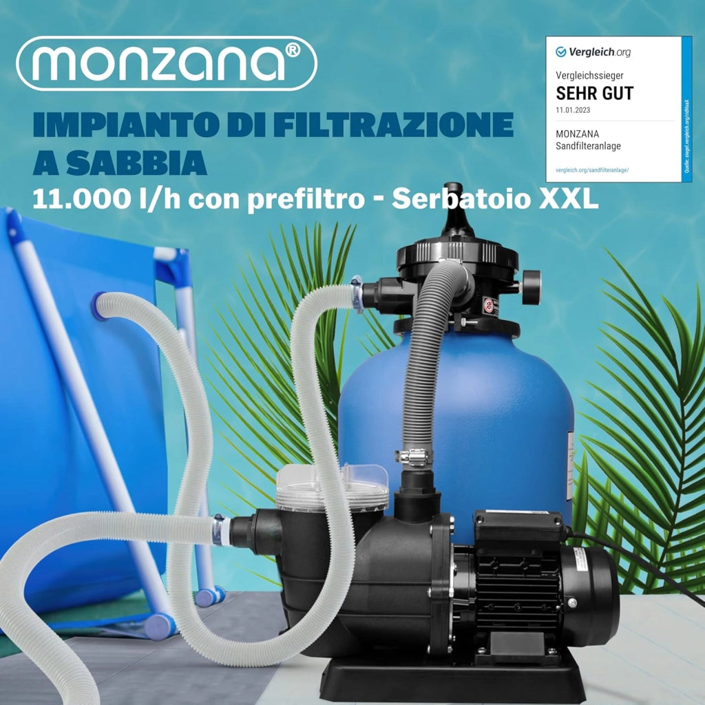 ® Filtro per Piscina a 7 Vie IPX5 con Prefiltro da 13.200L/h a 58.000L 600W Serbatoio 30L Fitrazione a Sabbia Sistema di Filtraggio Prefiltro