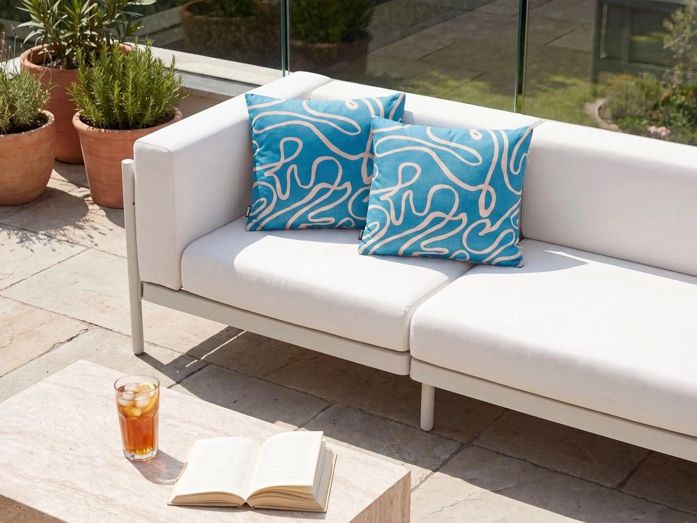 Set di 2 cuscini decorativi da esterno, accessorio da giardino in poliestere turchese, motivo astratto, stile moderno