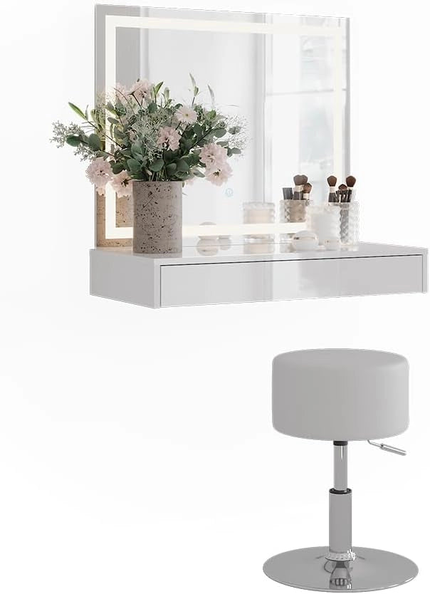 Tavolo da toeletta Sherry, Bianco/bianco lucido, 120 cm 3 parti, con illuminazione LED e specchio integrato