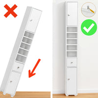 Mobile Bagno a Colonna Slim 20x20x180 cm con 2 Ante 1 Cassetto 5 Ripiani in Legno Bianco