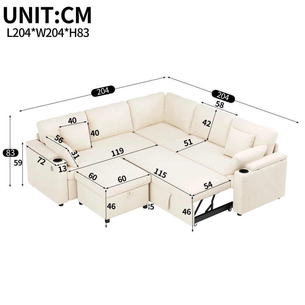 Divano angolare convertibile con pouf contenitore USB Type-C portabicchieri e vani bracciolo in chenille beige