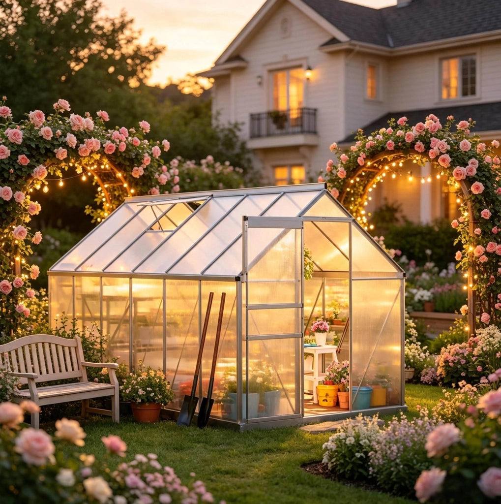 Serra da giardino Walk-in in alluminio con pannelli in policarbonato alveolare 4 mm, 190x375x199 cm, colore argento trasparente