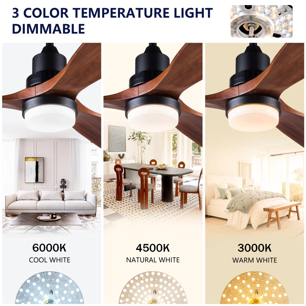 Ventilatore da soffitto con luce, telecomando, pale in legno massello, nero e noce scuro