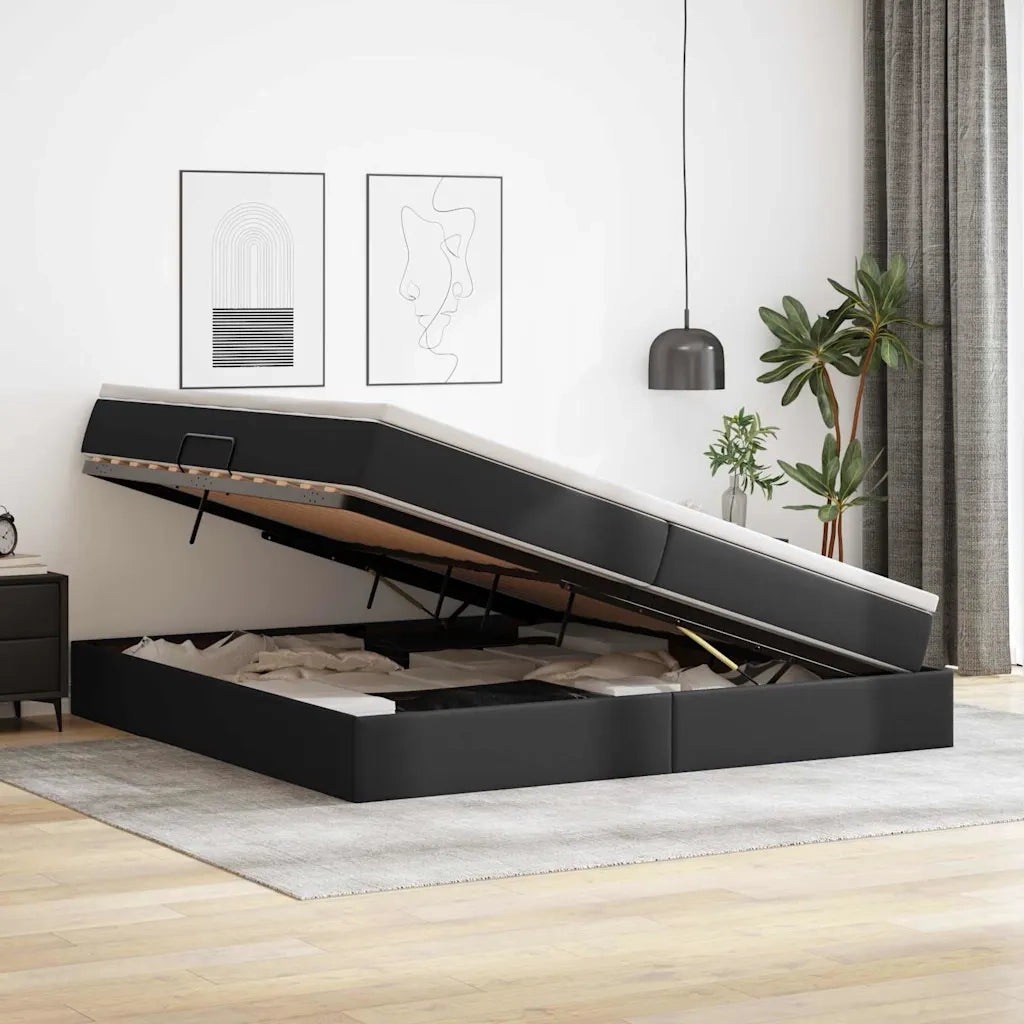 Letto con contenitore e materasso Nero 200 x 200 cm