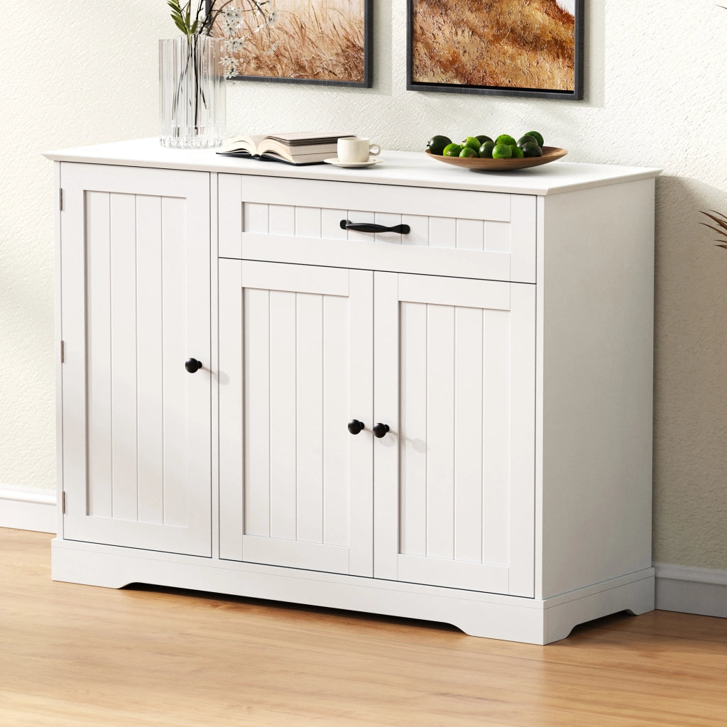 Credenza con 3 ante e 1 cassetto; ripiani regolabili - per soggiorno - in MDF - bianco