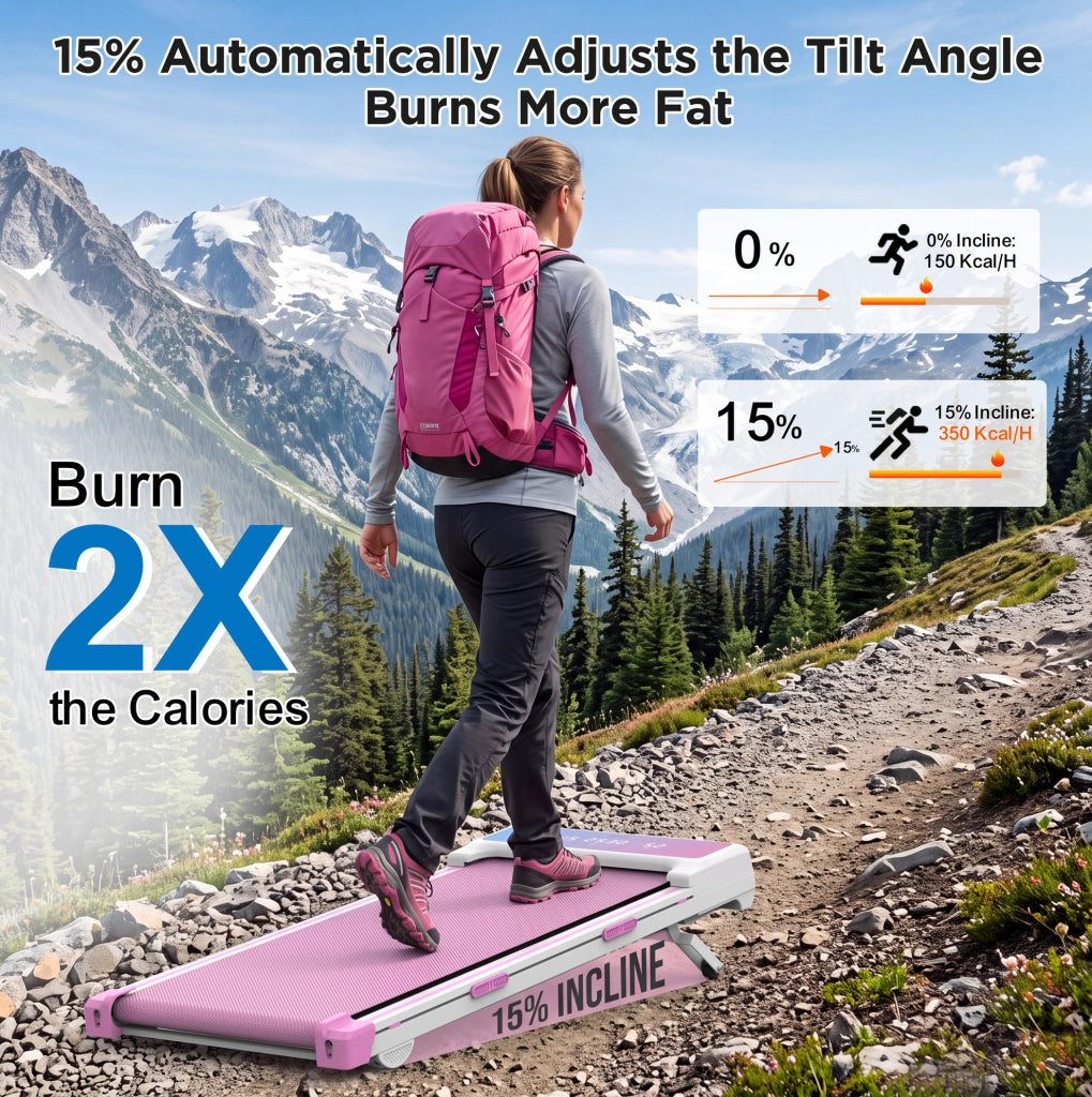 Tapis roulant ULEVR 1-8 km/h con inclinazione automatica 15%, Bluetooth, telecomando e display LED, rosa e bianco