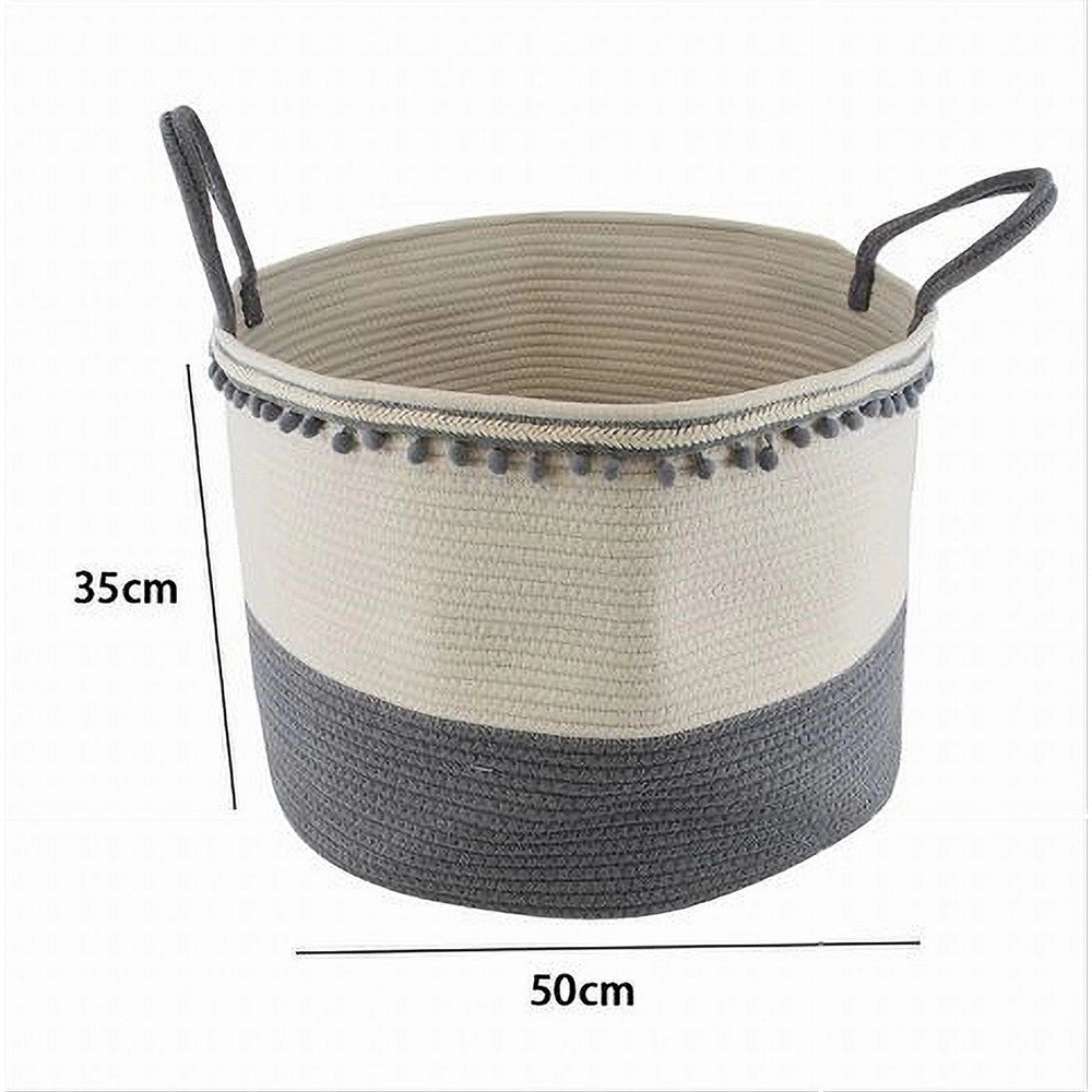 Trade Shop - Cesto Portaoggetti Per Biancheria In Corda Ponpon Grigi Con Manici 50x35cm 10673 -